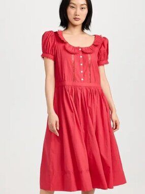 Sandy Liang Middy Midi Dress Floral Lace Ruffle Cotton Short Sleeve L NEW 282054
